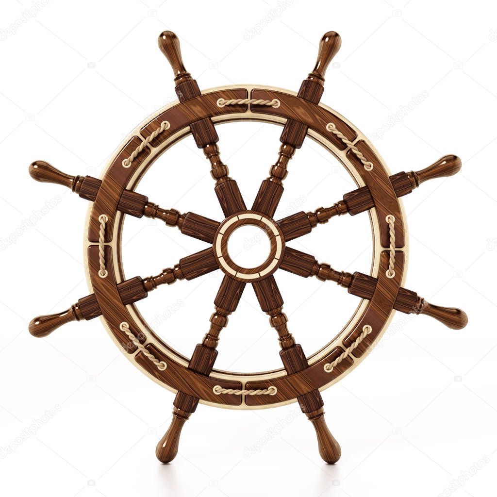 Ship wheel isolated on white background. 3D illustration.