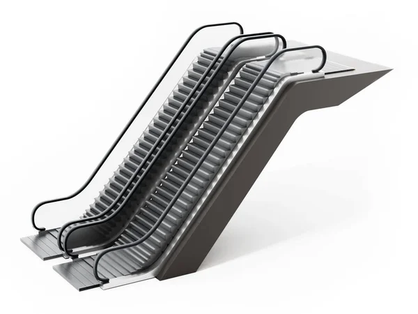 Κυλιόμενες σκάλες που απομονώνονται σε λευκό φόντο. 3D απεικόνιση — Φωτογραφία Αρχείου