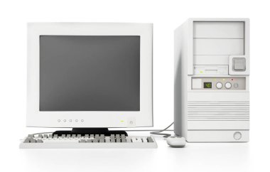Genel vintage 90 's stil beyaz arka plan üzerinde izole bilgisayar. 3D çizim.