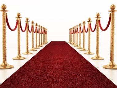 Kadife ipler ve kırmızı halı boyunca altın engeller. 3D çizim.
