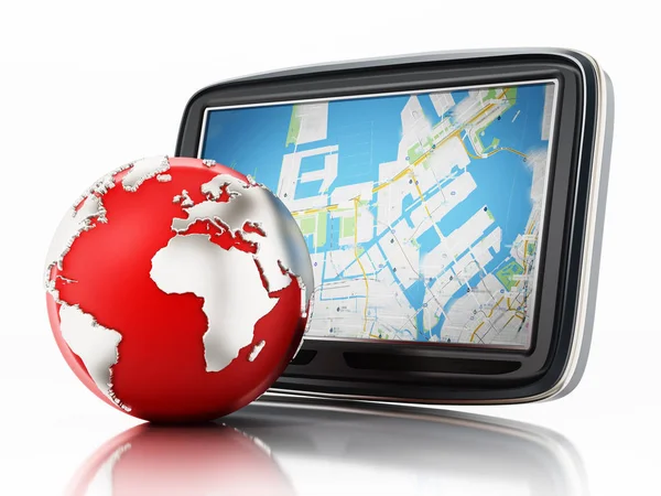 GPS Sistema de Posicionamiento Global y globo aislado sobre fondo blanco. Ilustración 3D — Foto de Stock