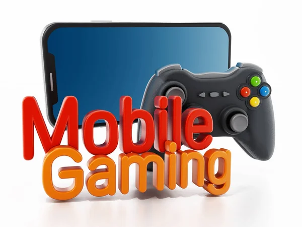Smartphone, controller and mobile gaming text isolated on white background. 3D illustration.