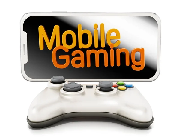 Smartphone, controller and mobile gaming text isolated on white background. 3D illustration.