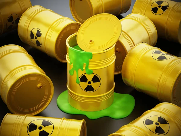 Toxic barrels with a leaking green substance. 3D illustration.