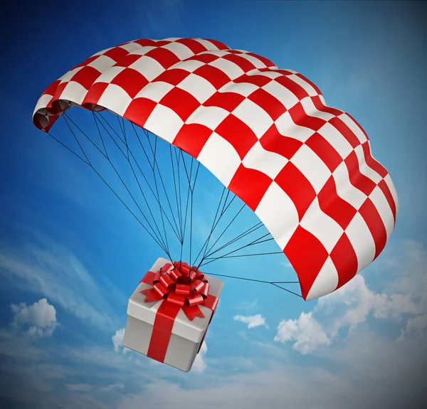 Geschenkbox Landung Mit Einem Fallschirm Vor Blauem Himmel Illustration — Stockfoto