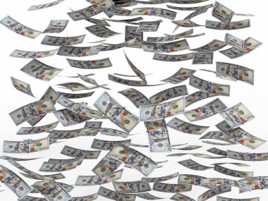 yere düşen 100 dolarlık banknotlar. 3D çizim.