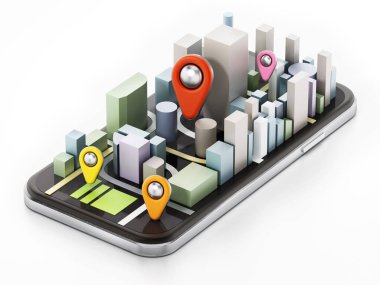 Şehir bina ve smartphone cep telefonu ile renkli iğne. 3D çizim.