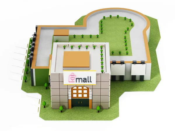 Generic shopping mall building isolated on white background. 3D illustration.