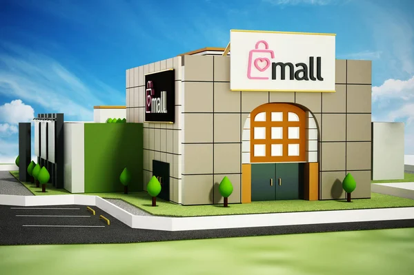 Generic shopping mall building against blue sky. 3D illustration.