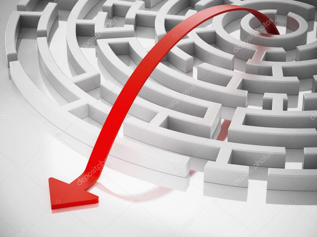 Red line with arrow leading out of the round maze. 3D illustration.