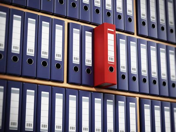 Red folder standing out among black ones inside wooden shelves. 3D illustration — Stock Photo, Image