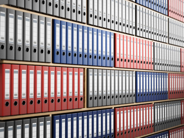 Multi colored folders arranged inside wooden shelves. 3D illustration
