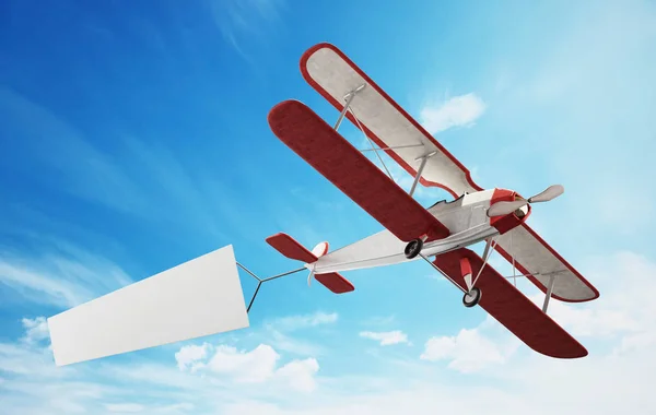 Avião clássico puxando banner texto branco em branco. Ilustração 3D — Fotografia de Stock