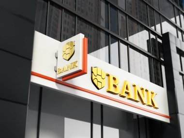 Tabela hayali logosu ile dış yapı üzerinde banka. 3D çizim