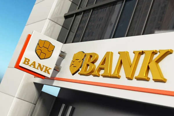 Банківська вивіска з вигаданим логотипом на зовнішній стороні будівлі. 3D ілюстрація — стокове фото