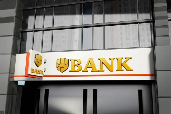Bank signboard with fictitious logo on building exterior. 3D illustration