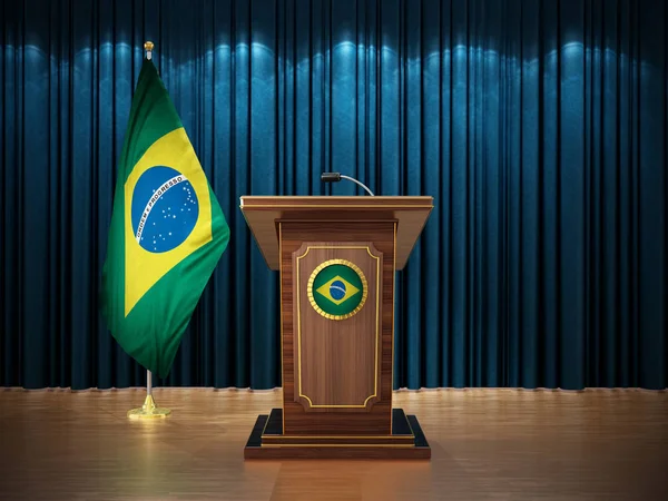 Persconferentie met Brazilië vlag en katheder tegen het blauwe gordijn. 3D illustratie — Stockfoto
