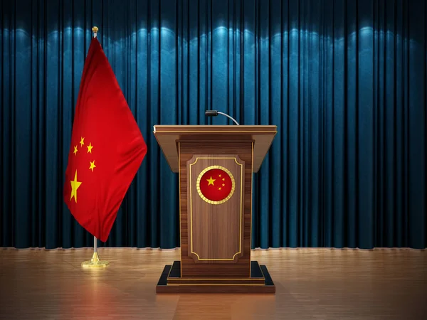 Press conference with flags of China and lectern against the blue curtain. 3D illustration — Stock Photo, Image
