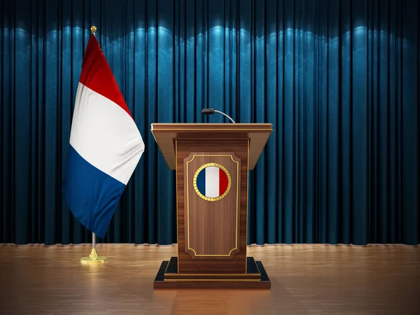 Presskonferens med flaggor av Frankrike och talarstol mot den blå gardinen. 3D illustration — Stockfoto
