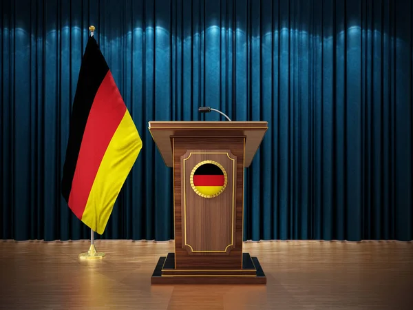 Basın toplantısı ile Almanya ve Kürsü mavi perde karşı bayrakları. 3D çizim — Stok fotoğraf
