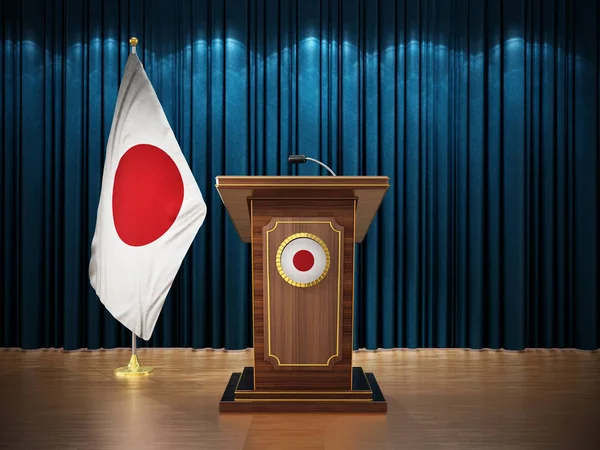 Press conference with flags of Japan and lectern against the blue curtain. 3D illustration — Stock Photo, Image