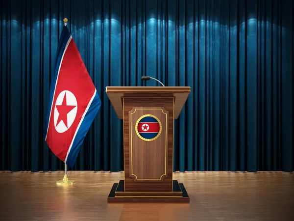 Press conference with flags of North Korea and lectern against the blue curtain. 3D illustration — Stock Photo, Image