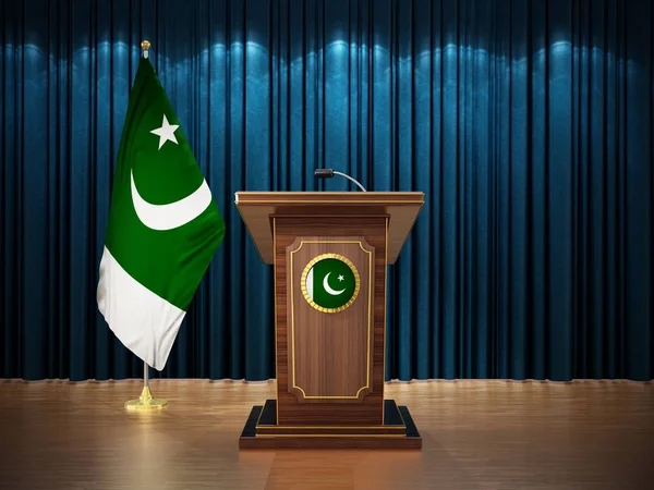 Conferenza stampa con bandiere del Pakistan e leggio contro il sipario blu. Illustrazione 3D — Foto Stock