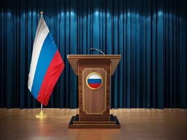 Press conference with flags of Russia and lectern against the blue curtain. 3D illustration clipart