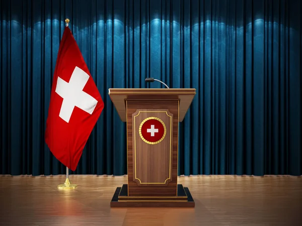 Press conference with flags of Switzerland and lectern against the blue curtain. 3D illustration — Stock Photo, Image