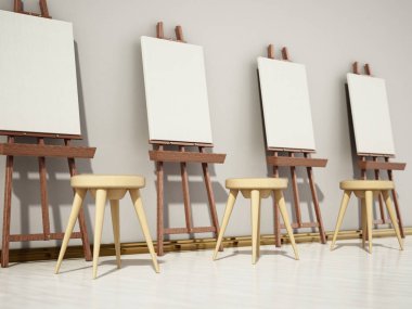 Sephalar ve üst üste duran boş tuvaller. 3D çizim