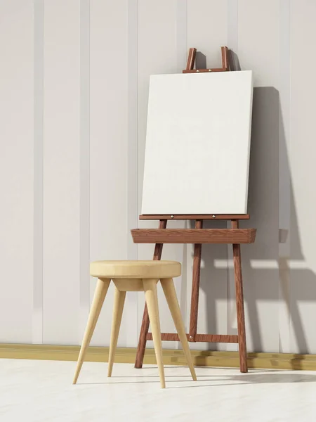 Easels blank canvas and stool standing in a room. 3D illustration — Stock Photo, Image