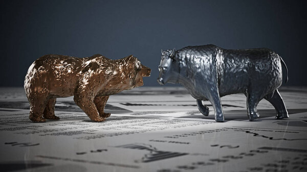 Медведь и бык фигурируют на страницах экономических газет. 3D иллюстрация
