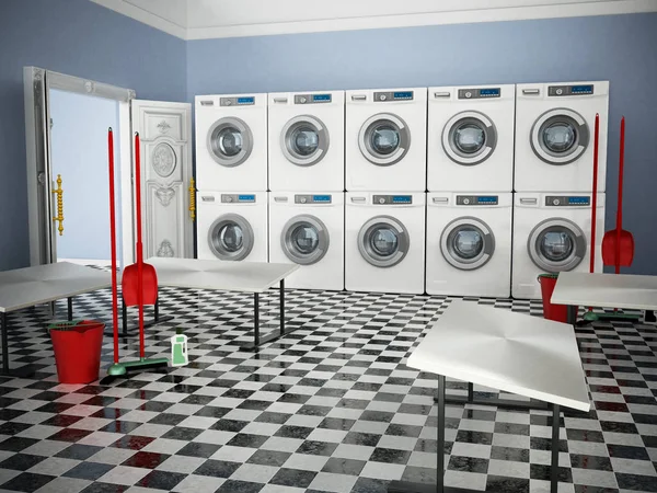 Wasserij kamer met een grote van wasmachines en drogers tuimelen. 3D illustratie — Stockfoto