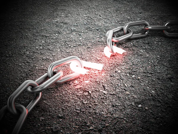 Illuminated broken chain part on the ground. 3D illustration