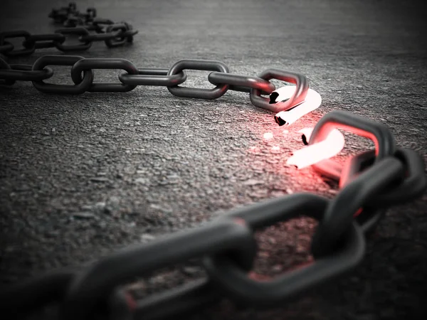 Illuminated broken chain part on the ground. 3D illustration — Stock Photo, Image