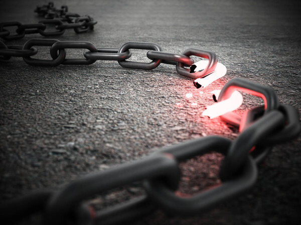 Illuminated broken chain part on the ground. 3D illustration