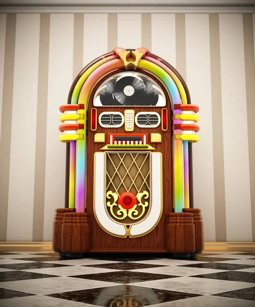 Музыкальный автомат, стоящий на шашках рядом со стеной. 3D иллюстрация — стоковое фото