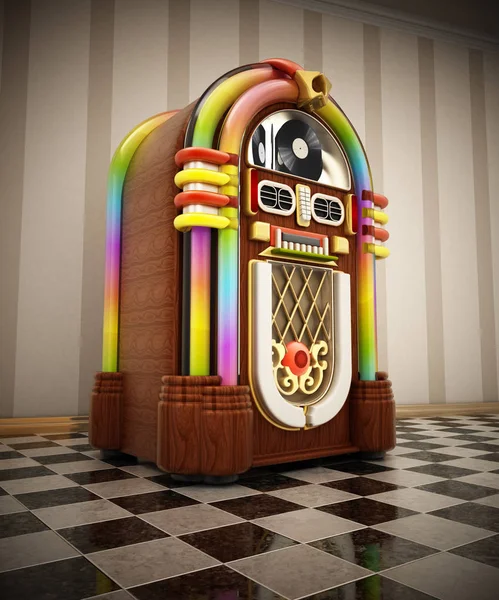 Jukebox em pé no chão de damas ao lado da parede. Ilustração 3D — Fotografia de Stock