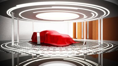 Yeni araba modeli vitrinde kırmızı ipek altına podyum. 3D çizim