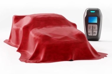 Akıllı uzaktan araba anahtarı ve yeni bir araba. 3D çizim