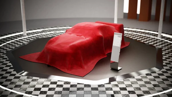 Νέα showcase μοντέλο αυτοκινήτου στο βάθρο κάτω από το κόκκινο μετάξι. 3D απεικόνιση — Φωτογραφία Αρχείου