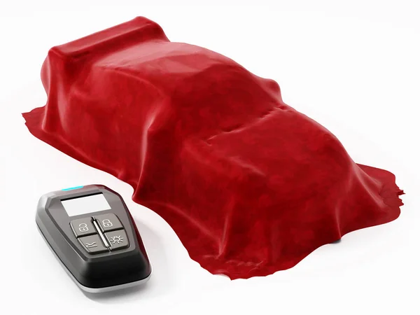 Akıllı uzaktan araba anahtarı ve yeni bir araba. 3D çizim — Stok fotoğraf