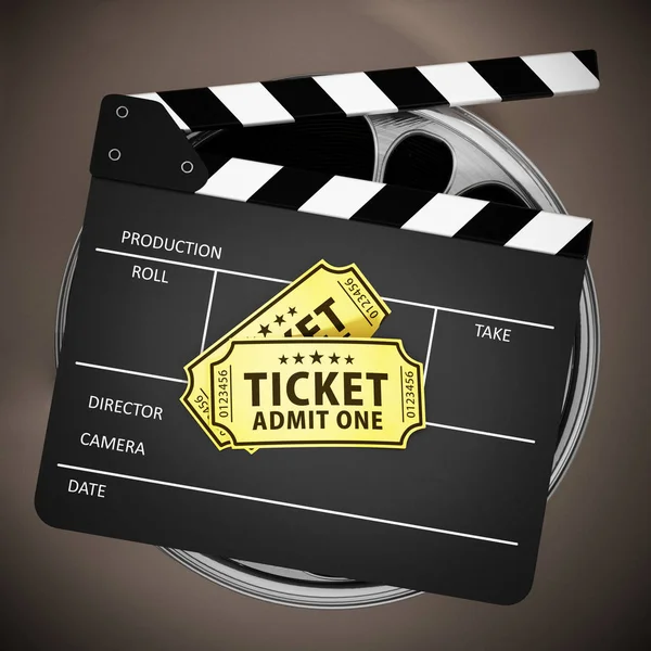 Clapboard y entradas de cine en carretes de película. Ilustración 3D —  Fotos de Stock