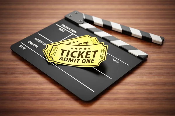 Pizarra y entradas de cine de pie en la superficie de madera. Ilustración 3D —  Fotos de Stock