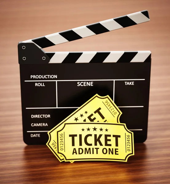 Clapboard and cinema tickets standing on wooden surface. 3D illustration — Stock Photo, Image