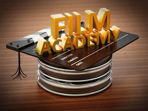 Clapboard de pie sobre tiras de película como un mortero. Texto de la Academia de Cine. Ilustración 3D —  Fotos de Stock