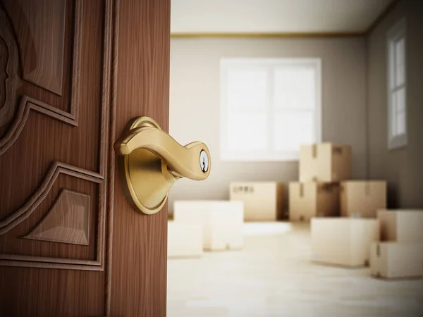 Puerta de apartamento medio abierta que se abre a la habitación con cajas de carga. Ilustración 3D —  Fotos de Stock