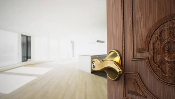 Μισό διαμέρισμα άνοιγμα πόρτας με άνοιγμα προς το άδειο δωμάτιο. 3D απεικόνιση — Φωτογραφία Αρχείου