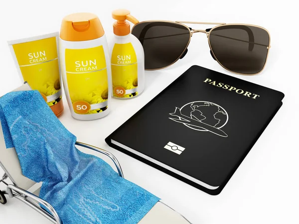 Pasaporte, gafas de sol, tumbonas, crema solar y toalla. Ilustración 3D — Foto de Stock