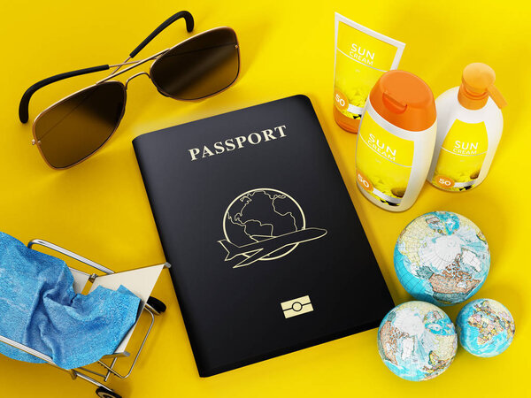 Passport, sunglasses, sunbed, sun cream, globes and towel. 3D illustration